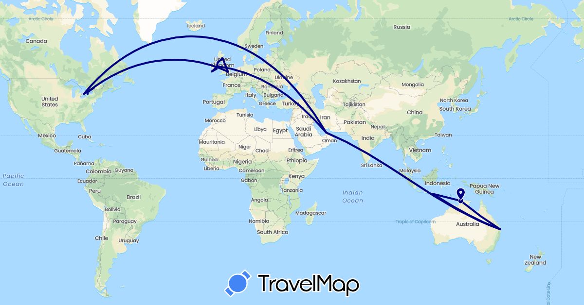 TravelMap itinerary: driving, plane in United Arab Emirates, Australia, Canada, United Kingdom, Indonesia, Ireland, United States (Asia, Europe, North America, Oceania)